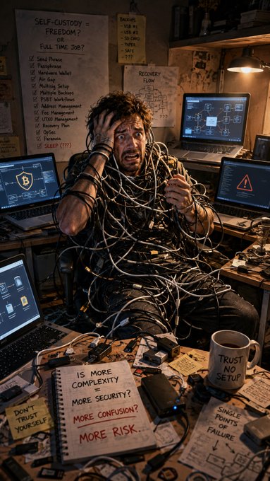 A stressed man sits tangled in cables at a desk surrounded by multiple monitors, sticky notes, and a whiteboard titled 'SELF-CUSTODY = FREEDOM?' with questions about hardware wallets, paper backups, and seed phrases.
