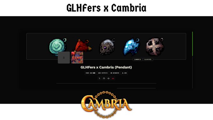 The image displays a digital interface for the "GLHFers x Cambria" collaboration, showing five decorative pendant icons (including a green swirl, red figure, skull, blue flame, and ornate cross) with a featured "GLHFers x Cambria (Pendant)" giveaway section below noting 25 winners and 125 entries. The Cambria logo with chain detailing appears at the bottom, visually representing the giveaway prizes mentioned in the accompanying post.
