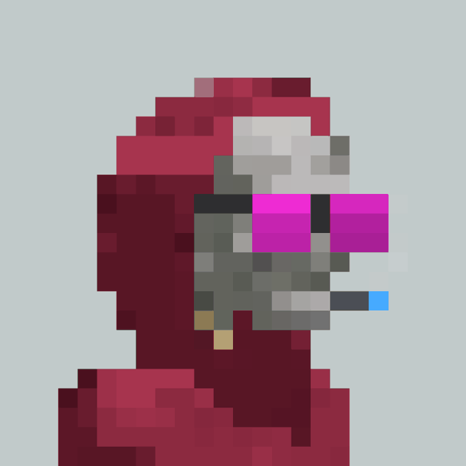 A pixel art illustration of a mysterious figure in a dark red hooded cloak wearing bright pink glowing goggles and a grey mask.