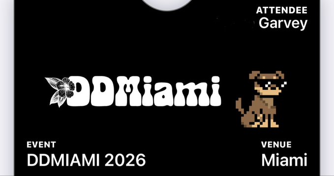 An event badge or digital ticket graphic showing the "DDmiami" logo with a butterfly, the event "DDMIAMI 2026", attendee name "Garvey", venue "Miami", and a pixelated meerkat mascot.