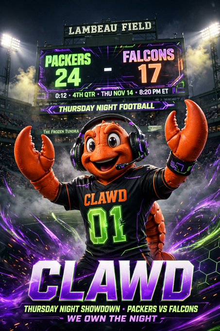 A promotional graphic features an orange lobster mascot named "CLAWD 01" at Lambeau Field, advertising a "THURSDAY NIGHT FOOTBALL" game between the "PACKERS 24" and "FALCONS 17" on "THU NOV 14 - 8:20 PM ET" with the tagline "WE OWN THE NIGHT".