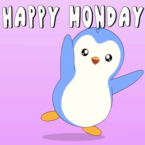 The image features a cartoon penguin with its arms raised, dancing on a pink background. The text "Happy Monday" is written above the penguin's head, indicating that it is a Monday morning greeting. The image also includes a caption about web3 rankings and mentions the @quipnetwork community.