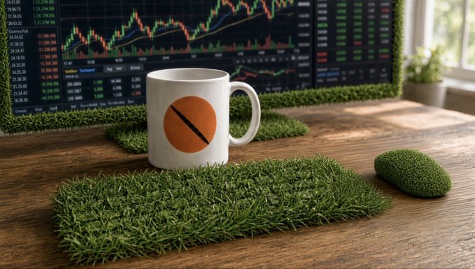 A white coffee mug with an orange symbol sits on a patch of artificial grass on a wooden desk, with a computer monitor showing stock market charts and numbers in the background, and a window with plants to the right.