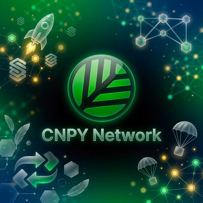 The image features a vibrant green logo for CNPY Network, which includes a rocket ship and various other elements such as hexagons, spheres, and parachutes. The background of the image is dark blue with white stars scattered throughout, creating an intriguing contrast that highlights the logo. The text "CNPY Network" is prominently displayed in large white letters at the bottom center of the image.