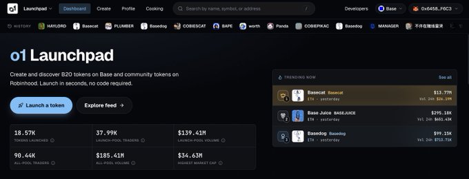 Screenshot of the O1 Launchpad on Base, showing “Create and discover B20 tokens” and stats including 18.57K tokens launched, 90.44K all-time traders, 37.99K traders, and $139.63M in launchpad volume. It provides visual context for the post celebrating involvement with the O1 Exchange and HAYLORD team in the B20 ecosystem.