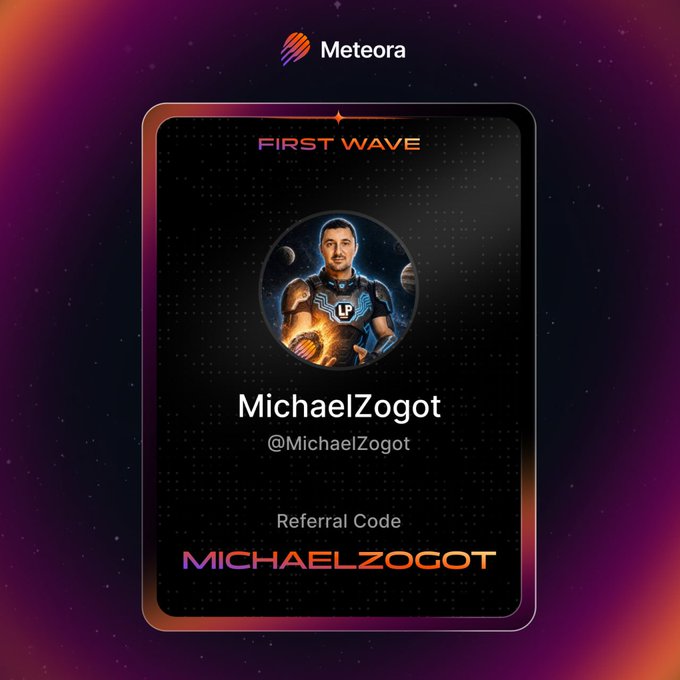 A Meteora 'First Wave' referral code graphic for user MichaelZogot, featuring his profile picture and the referral code 'MICHAELZOGOT'.