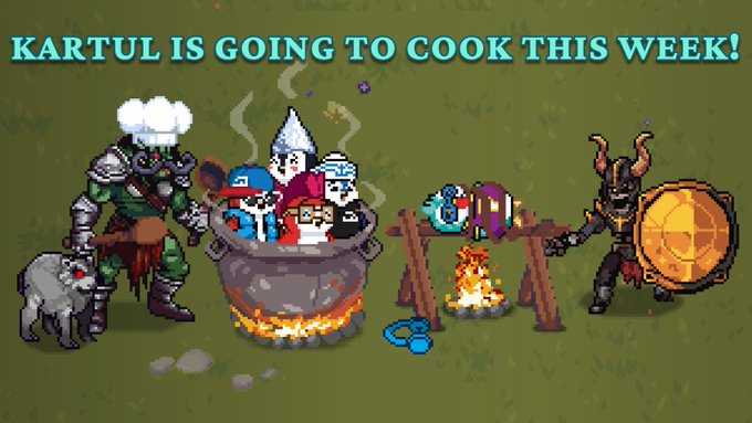 Pixel art scene featuring various fantasy characters gathered around a cauldron cooking over a fire, with cyan text reading 'KARTUL IS GOING TO COOK THIS WEEK!'.