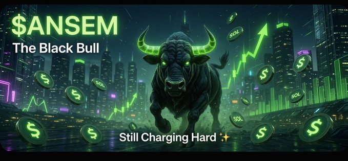 A crypto promotional graphic showing a black bull with glowing green horns charging through a neon cityscape, with text '$ANSEM The Black Bull' and 'Still Charging Hard ✨' surrounded by dollar-signed coins.