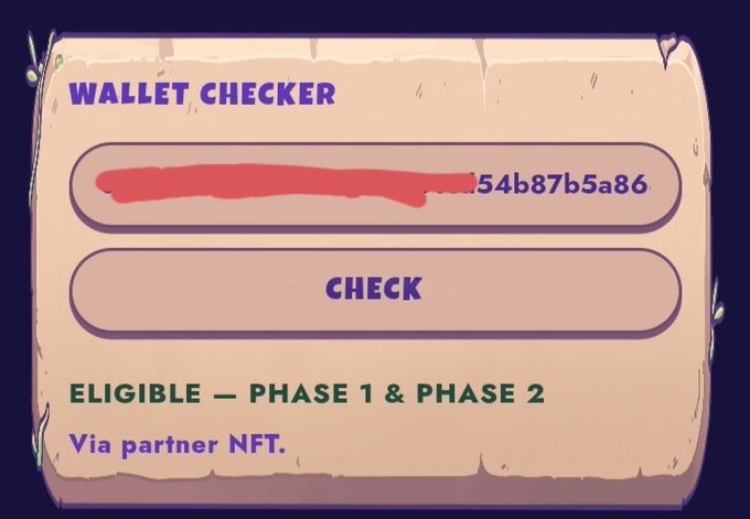 A 'WALLET CHECKER' interface displaying a partially redacted wallet address ending in '54b87b5a86' with a 'CHECK' button, noting 'ELIGIBLE — PHASE 1 & PHASE 2 Via partner NFT.'