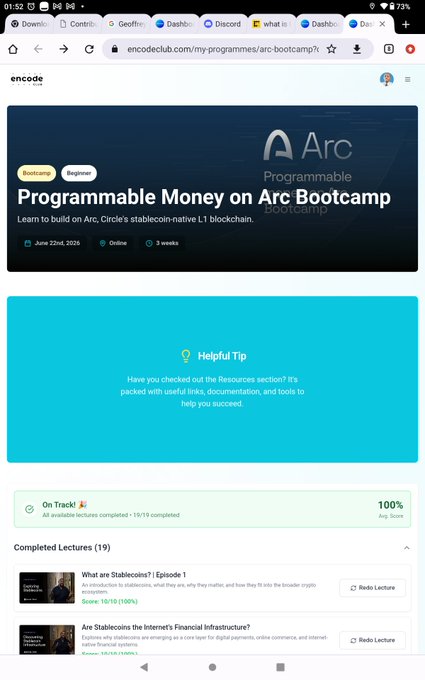 A mobile screenshot of an Encode Club webpage for the "Arc Bootcamp" showing a 100% completion rate for the "Programmable Money on Arc Bootcamp" course, with completed lectures listed below.