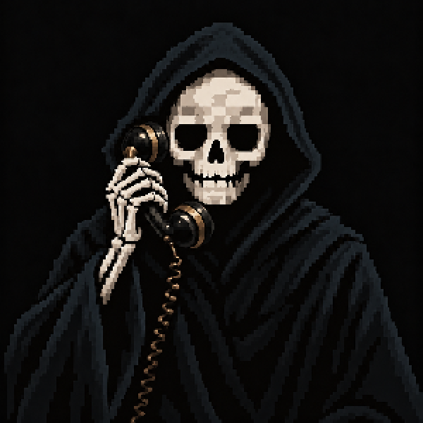 A pixel art illustration of a hooded grim reaper skeleton holding an old telephone receiver.