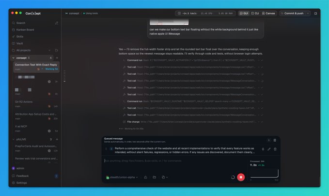 A terminal-style interface for an AI coding agent called 'CometJS' showing command outputs, command history, and a 'Queued message' prompt about verifying website implementations.
