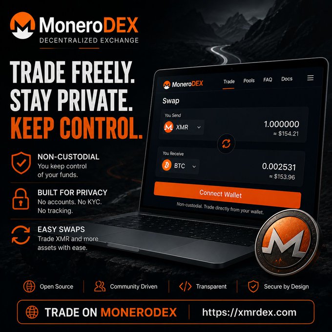 Advertisement for MoneroDEX, a decentralized exchange, featuring the text 'TRADE FREELY. STAY PRIVATE. KEEP CONTROL.' and a laptop displaying an XMR to BTC swap interface at https://xmrdex.com.