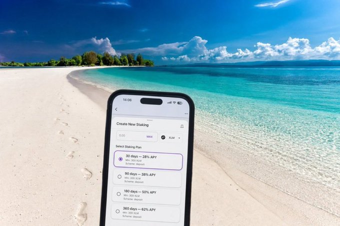 A smartphone displaying a "Create New Staking" interface for XLM with multiple staking plans (30 days at 26% APY, 90 days at 38%, 180 days at 50%, 360 days at 62%) is shown against a tropical beach backdrop, visually reinforcing the post's message about comparing different staking returns and assets like USDC and SSLX before committing to a term.