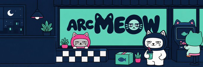 A cartoon illustration titled 'ARC MEOW' shows anthropomorphic cats in hoodies at a cyberpunk-style shop counter, with one cat working a register and another holding a drink.