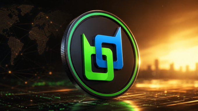 A 3D-rendered crypto coin with a green and blue interlocking logo, set against a dark background featuring a world map and circuit board design with an orange sunset.