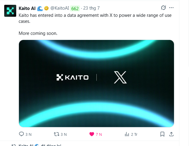 A tweet from Kaito AI announces a data agreement with X to power a wide range of use cases, accompanied by a graphic showing the Kaito and X logos.
