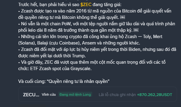 A Vietnamese-language text post explaining the reasons why the cryptocurrency $ZEC (Zcash) is rising in value, referencing Zcash's PoW, supporters like Solana's Toly and Coinbase's Balaji, and Grayscale's Zcash spot ETF.
