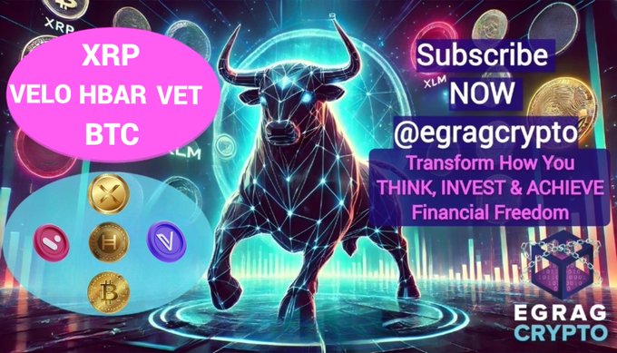 A futuristic neon bull composed of glowing geometric lines charges forward amid floating cryptocurrencies, with a pink oval highlighting the tickers "XRP VELO HBAR VET BTC" to promote today's analysis on the @egragcrypto channel, which encourages subscribers to "Transform How You THINK, INVEST & ACHIEVE Financial Freedom."