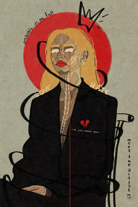 An artistic illustration of a person with tears streaming down their face, a red halo behind them, and the words "LOVE" and "HATE" written near their shoulders, along with the text "probably its my fault" and "i am just a broken heart."
