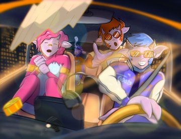An animated cartoon scene of three colorful characters driving in a car at night, including a pink-haired character and one wearing sunglasses.