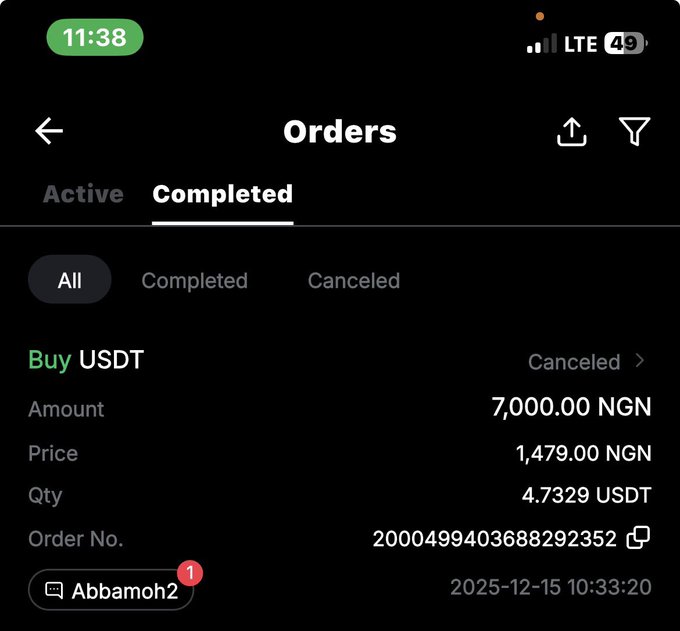 A mobile app screenshot showing the Completed Orders section with a canceled 'Buy USDT' order for 4.7329 USDT at 1,479.00 NGN (7,000.00 NGN total) from user Abbamoh2, dated 2025-12-15 10:33:20.