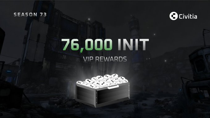A dark sci-fi promotional graphic for “Civitia” shows the text “SEASON 73,” “76,000 INIT,” and “VIP REWARDS” above a battery filled with glowing white currency-like tokens.