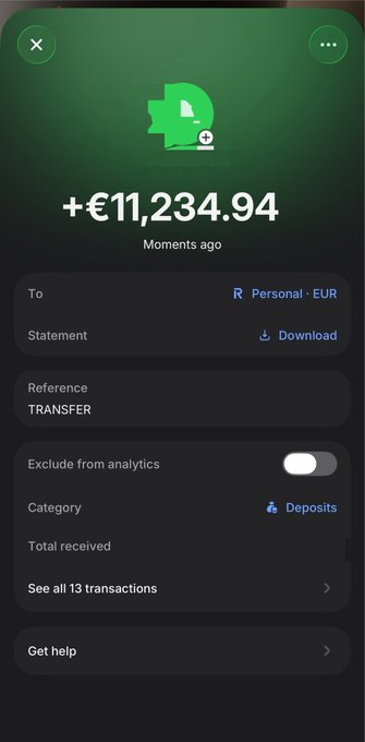 A mobile banking app screen showing a transfer received of +€11,234.94 'Moments ago' to a Personal - EUR account, with options to download statement, toggle analytics exclusion, and view category 'Deposits'.