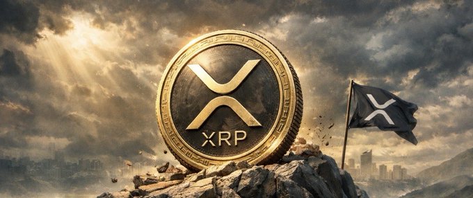 A digital artwork featuring a gold XRP cryptocurrency coin standing on a rocky cliff with a black XRP flag flying beside it under a dramatic cloudy sky with sunlight rays.