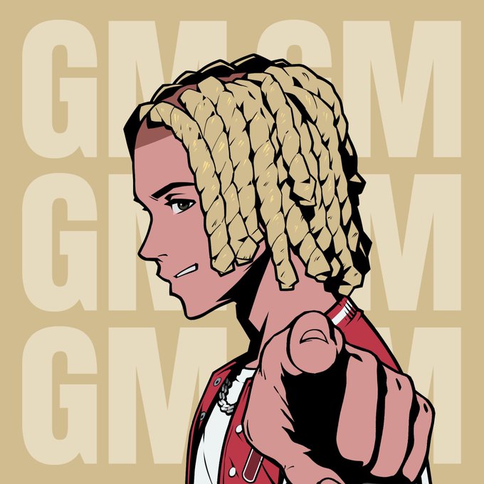 A stylized illustration of a person with blonde dreadlocks in profile, holding a red marker, with the text 'GNGNGN' repeated in the background.