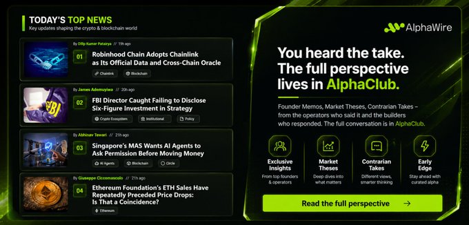 An AlphaWire crypto news dashboard showing today's top news including 'Robinhood Chain Adopts Chainlink as Its Official Data and Cross-Chain Oracle' and 'Ethereum Foundation's ETH Sales Have Repeatedly Preceded Price Drops'.