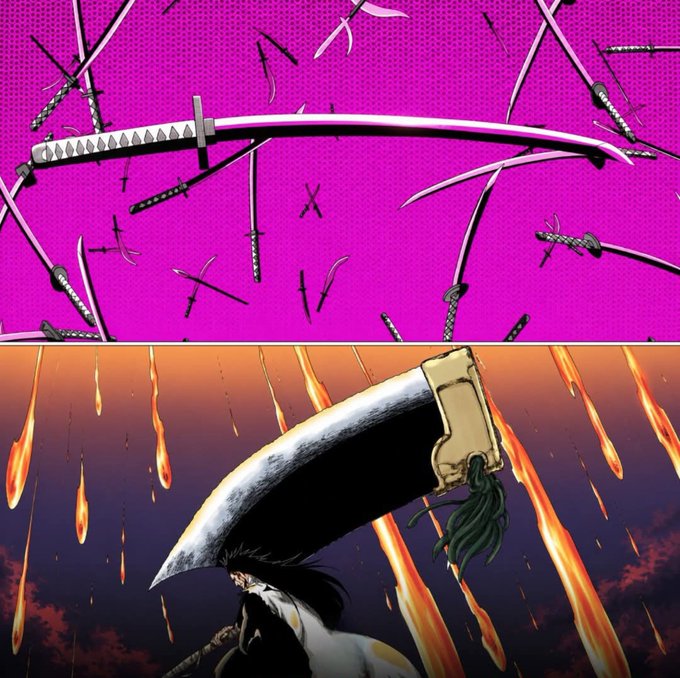A two-panel manga-style image showing scattered swords against a bright pink background on top, and a character with a large blade watching fire fall from the sky on the bottom.