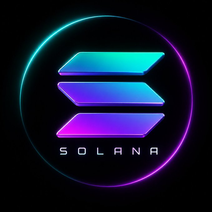 The image displays the Solana cryptocurrency logo, featuring three gradient-colored stacked parallelograms (in shades of cyan, blue, and purple) encircled by a neon purple ring, with the text "SOLANA" below. The futuristic, glowing design reinforces the post's message of continued faith in the Solana blockchain project.