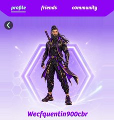 A video game profile screen showing a dark-clothed character with a sword against a purple hexagonal background, with the username 'Wecfquentin900cbr' displayed below.