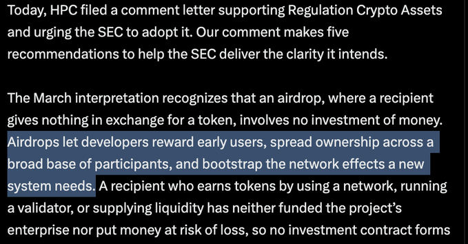 The image displays text from an HPC comment letter supporting SEC Regulation Crypto Assets, highlighting a recommendation that airdrops—where recipients give nothing in exchange for tokens—should not be considered investment contracts. This relates to the post's question about why HPC is pushing to legalize airdrops in the US, since the Hyperliquid airdrop has already occurred, suggesting HPC is advocating for future regulatory clarity rather than retroactively justifying past distributions.