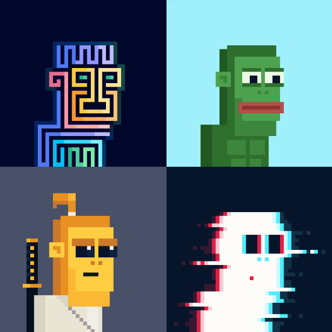 Four pixel-art characters in a 2x2 grid, including a geometric tribal mask, a green ape-like creature, a yellow samurai with a katana, and a glitchy white figure with red and blue distortion.