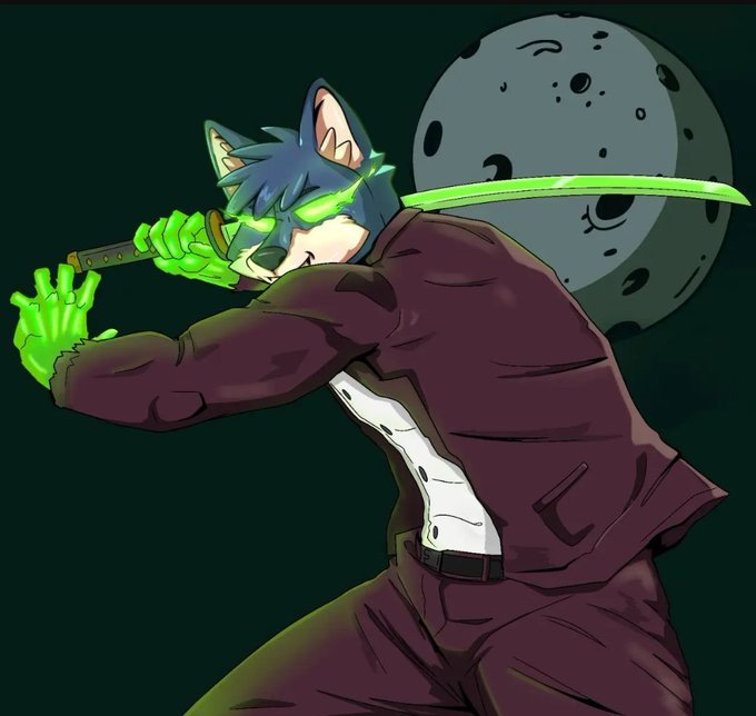 A digital illustration of an anthropomorphic wolf or cat character in a maroon suit wielding a glowing green katana, with a cratered moon in the dark background.