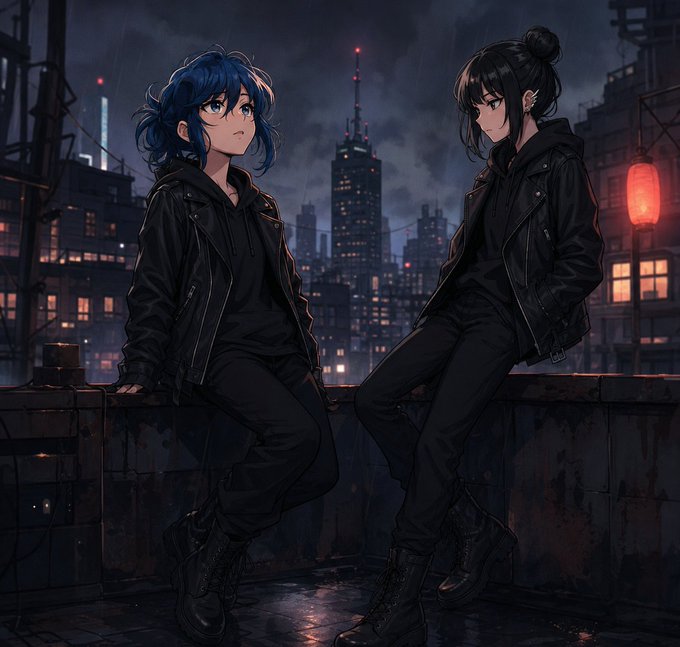 Anime-style illustration of two girls in black hoodies and leather jackets sitting on a rooftop ledge at night with a city skyline in the background.