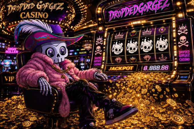 An anime-style skeleton character wearing a feathered pirate hat and pink fur coat sits in a Vegas casino surrounded by piles of gold coins, with a slot machine displaying 'DROPPED GORGEZ', 'JACKPOT', and '8,888.88'.
