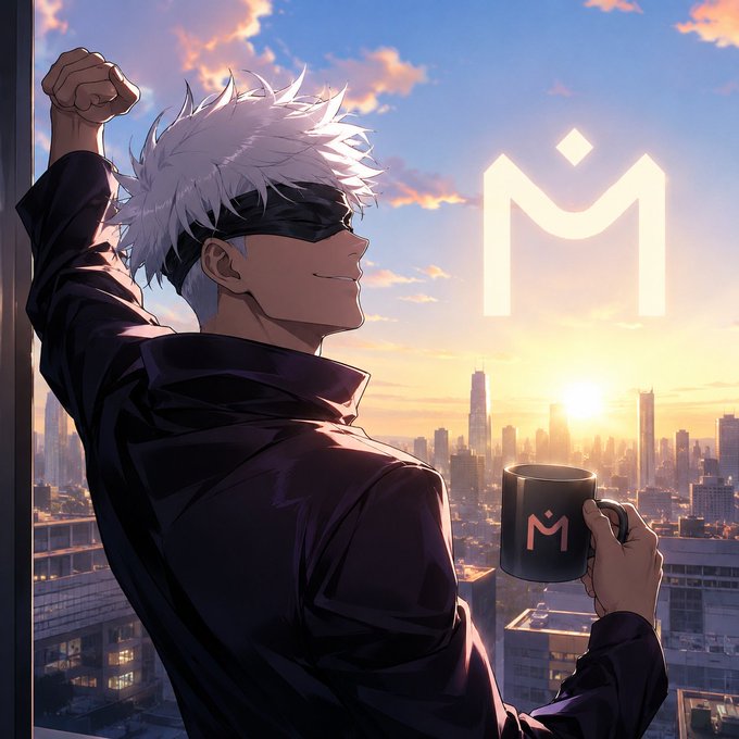 An anime-style illustration of a white-haired man wearing a black blindfold and jacket, holding a mug with an 'M' logo while looking out at a city skyline at sunset, with a glowing 'M' logo in the sky.