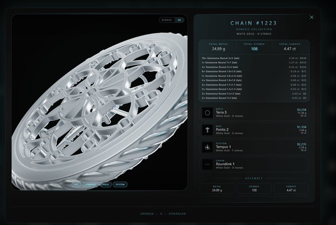 A digital interface displays a 3D model of an intricate silver chain alongside a spec panel titled 'CHAIN #1223' showing details like total metal (24.89 g), 108 stones (4.47 ct), and a breakdown of white gold components.