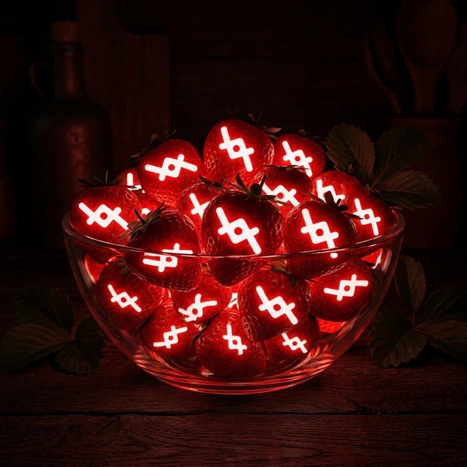 An AI-generated image showing a glass bowl filled with glowing red strawberries, each marked with a cryptocurrency or token symbol, set against a dark wooden background.
