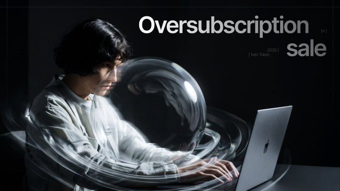 A promotional image titled "Oversubscription sale 2026 | Twin Token" featuring a young man typing on a laptop with a glowing sphere visual effect.