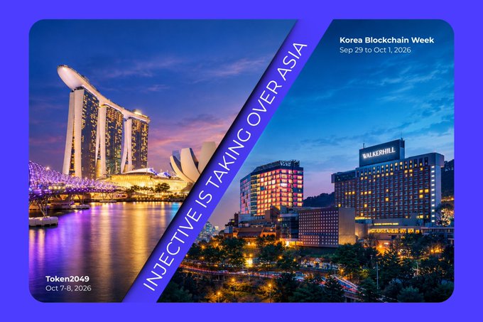 A promotional graphic featuring the text 'INJECTIVE IS TAKING OVER ASIA' alongside photos of Marina Bay Sands in Singapore (Token2049, Oct 7-8, 2026) and Korea Blockchain Week (Sep 29 to Oct 1, 2026).