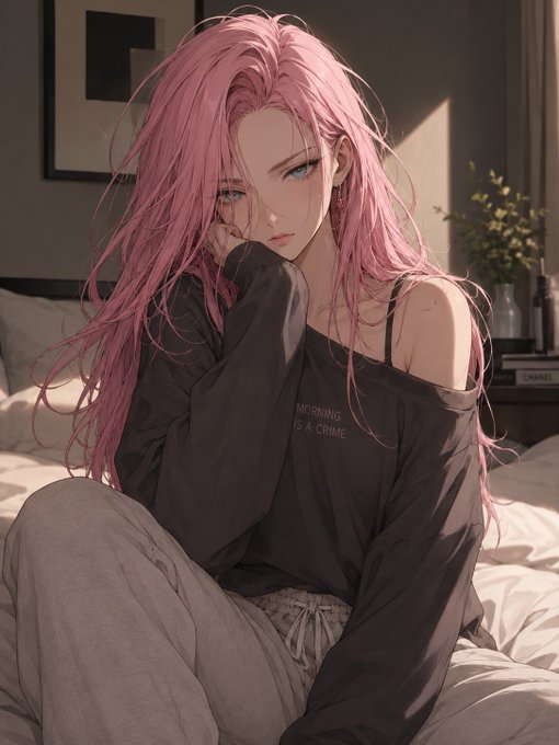 An anime-style illustration of a woman with long pink hair, wearing a black off-the-shoulder shirt with the text 'MORNING IS A CRIME', sitting on a bed.