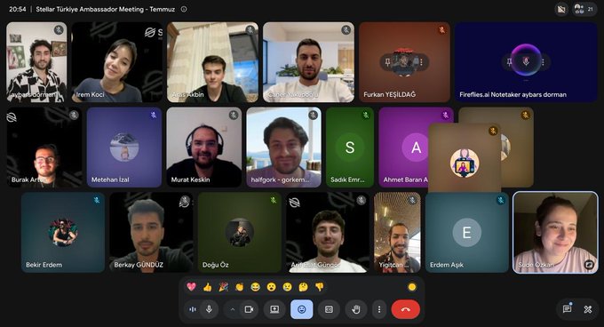 A Zoom video conference screenshot from the "Stellar Türkiye Ambassador Meeting" held on July 20, 2024, showing 21 participants in a grid layout with names like Berkay Gündoğuz, Doğa Öz, and Sadık Emre visible, alongside various Turkish-themed profile pictures and avatars. The meeting relates to the post as it captures the virtual community gathering where the Stellar Türkiye ambassadors discussed their summer plans, content ideas, and upcoming projects.