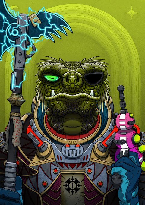 Illustration of an anthropomorphic crocodile or reptile warrior wearing armor, with one glowing green eye, holding an axe crackling with blue lightning and another weapon.