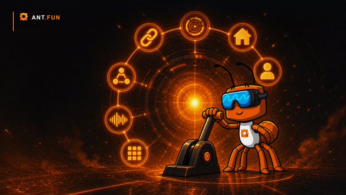 The image features the ANT.FUN logo in the top-left corner and showcases a friendly orange ant mascot wearing blue VR-style goggles while operating a control lever, surrounded by a glowing circular interface of interconnected icons (chain link, target, home, network, audio waves, and grid) set against a fiery orange cosmic background.

The visual reinforces the post's announcement of expanded chain connectivity and streamlined trading, discovery, and community features—the ant at the "control panel" of interconnected icons symbolizing user-friendly navigation across multiple platforms and functions.