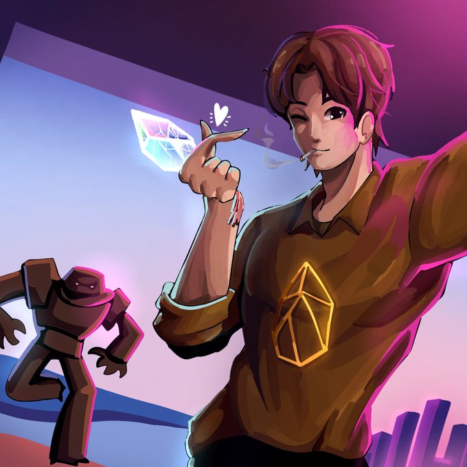 Anime-style illustration of a brown-haired character holding a glowing crystal, wearing a shirt with a yellow geometric logo, with a small robot figure nearby.