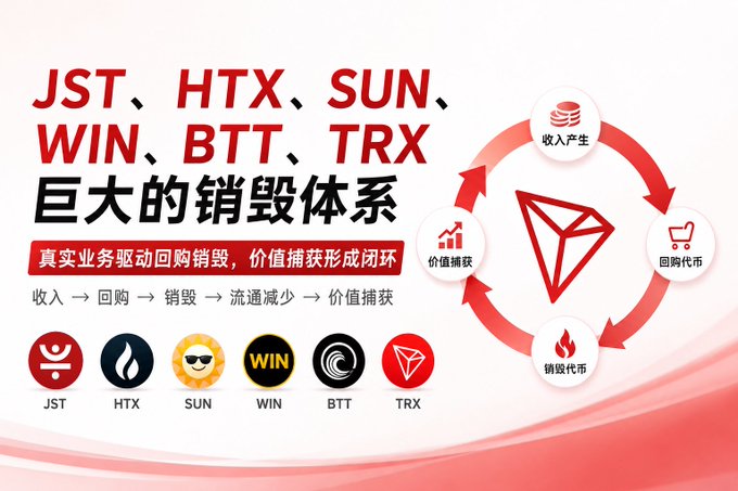 A promotional graphic for cryptocurrencies displays 'JST、HTX、SUN、WIN、BTT、TRX 巨大的销毁体系' with a TRX logo and circular flow diagram showing revenue generation, value capture, buyback, and token burning, along with icons for each listed token.